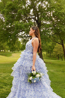 Load image into Gallery viewer, Blue Floral Ball Gown Ruffled Tiered Halter Long Prom Dress with Slit