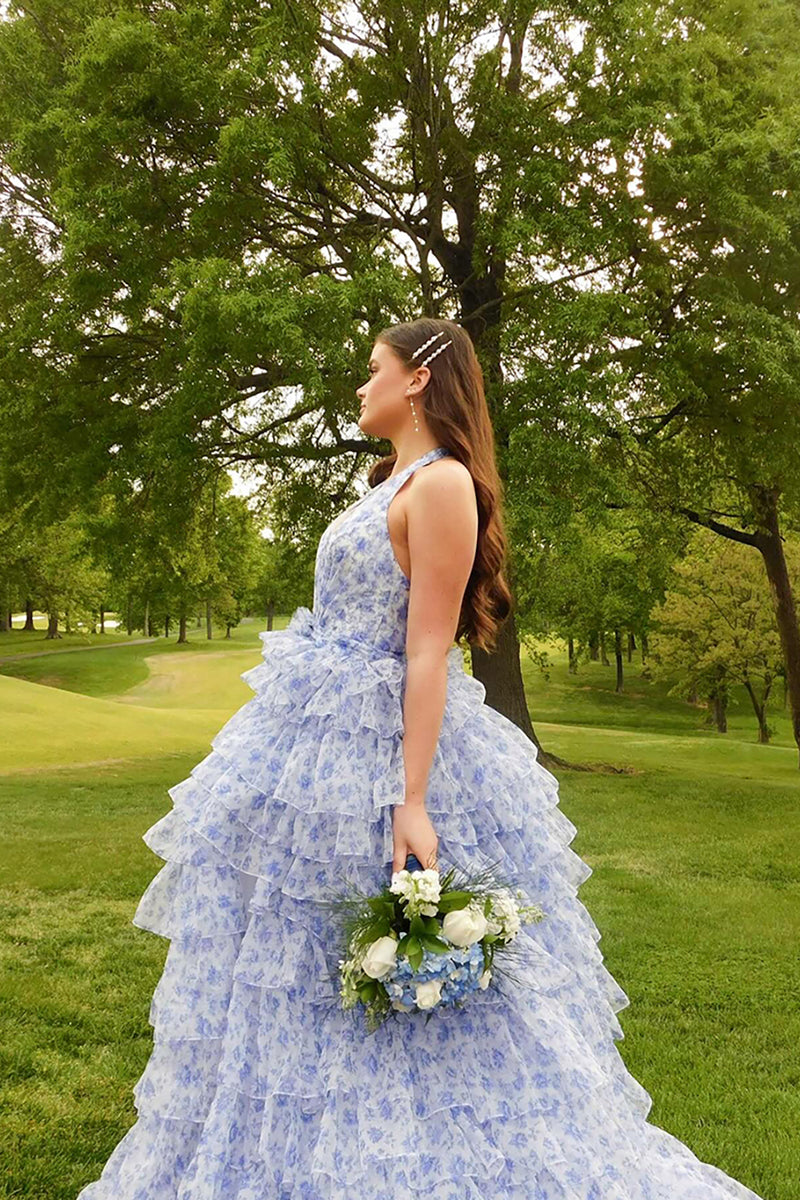 Load image into Gallery viewer, Blue Floral Ball Gown Ruffled Tiered Halter Long Prom Dress with Slit
