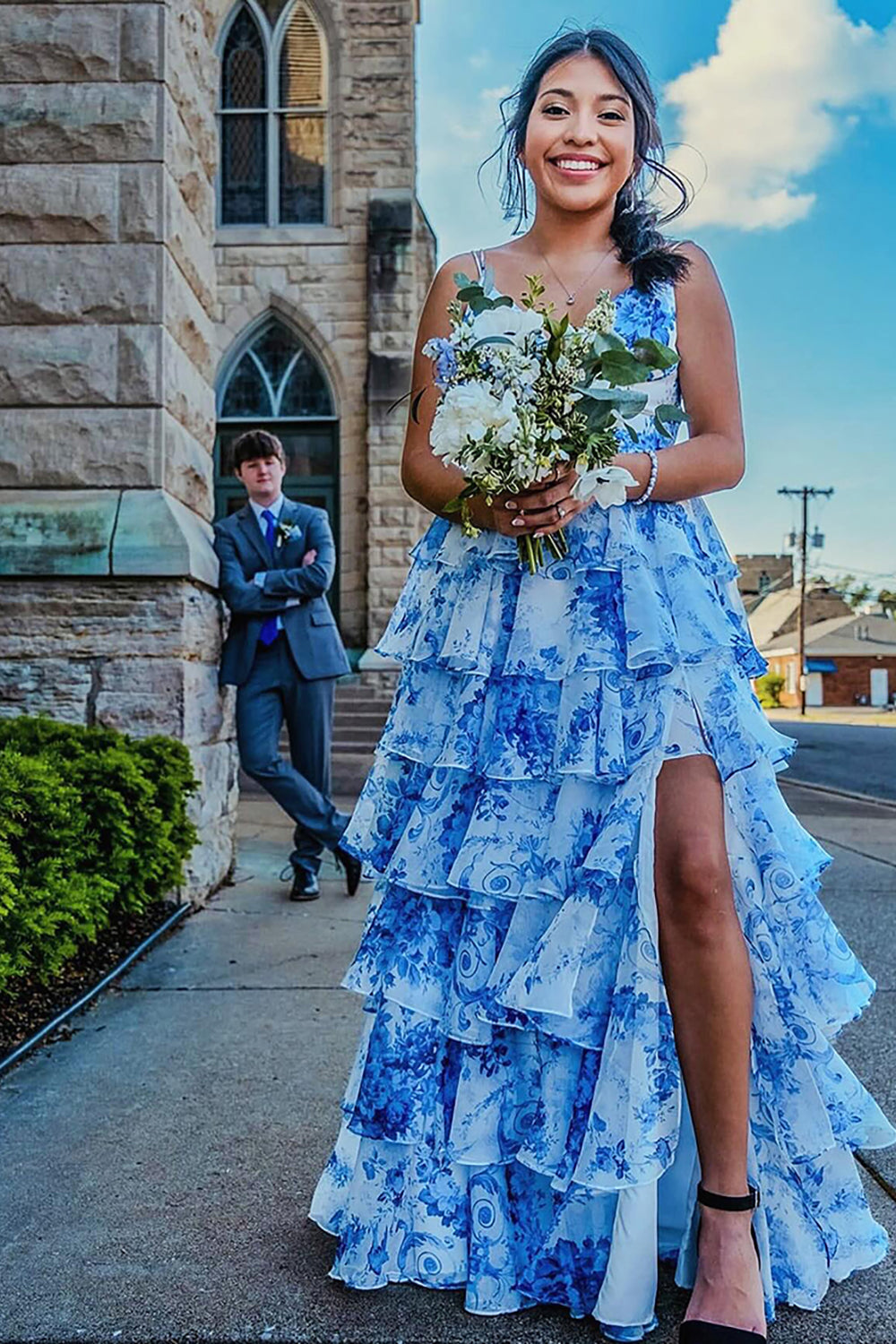 White Blue Flower Tiered Ruffled A Line Long Prom Dress with Slit