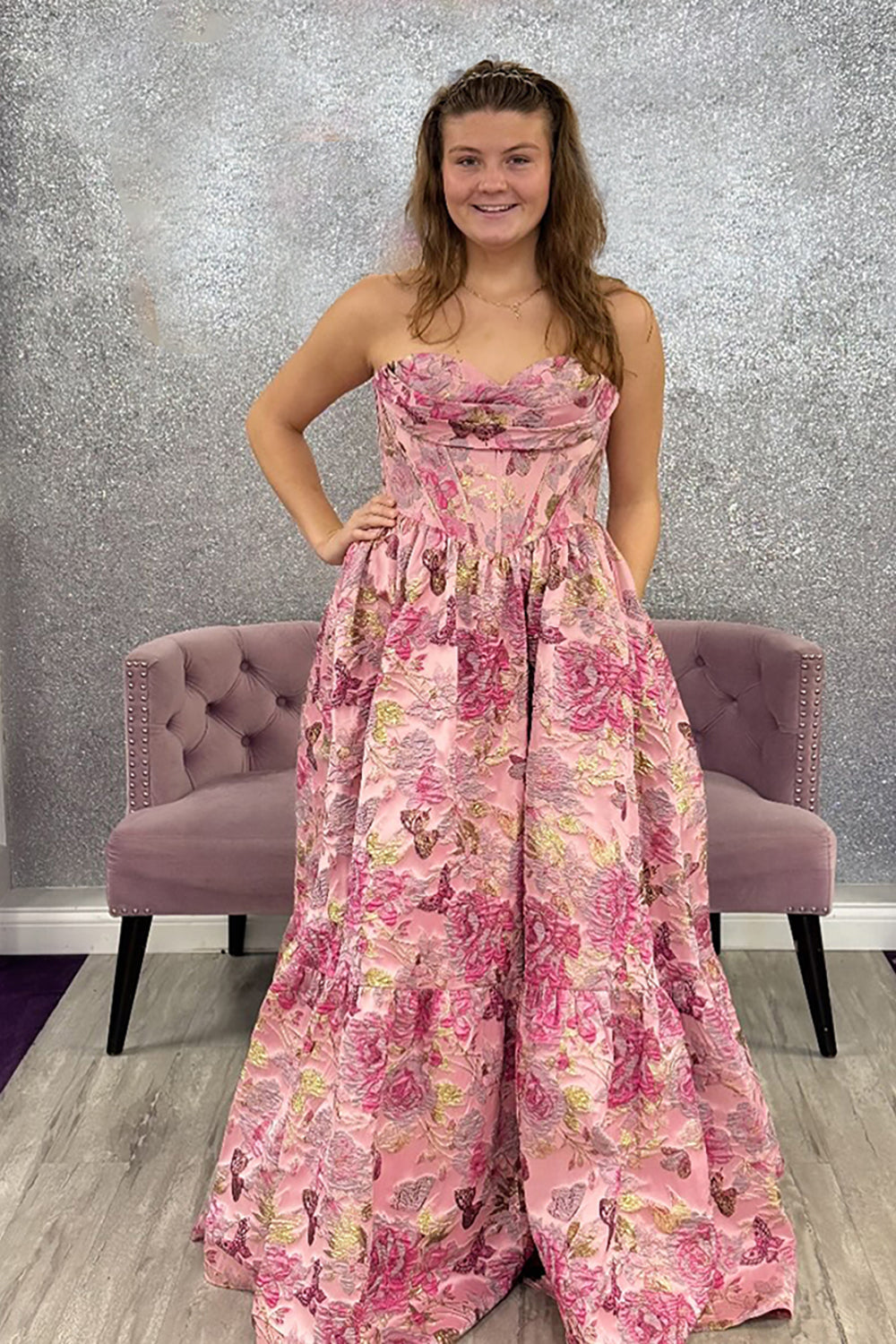 Blush Jacquard Strapless A Line Long Corset Prom Dress