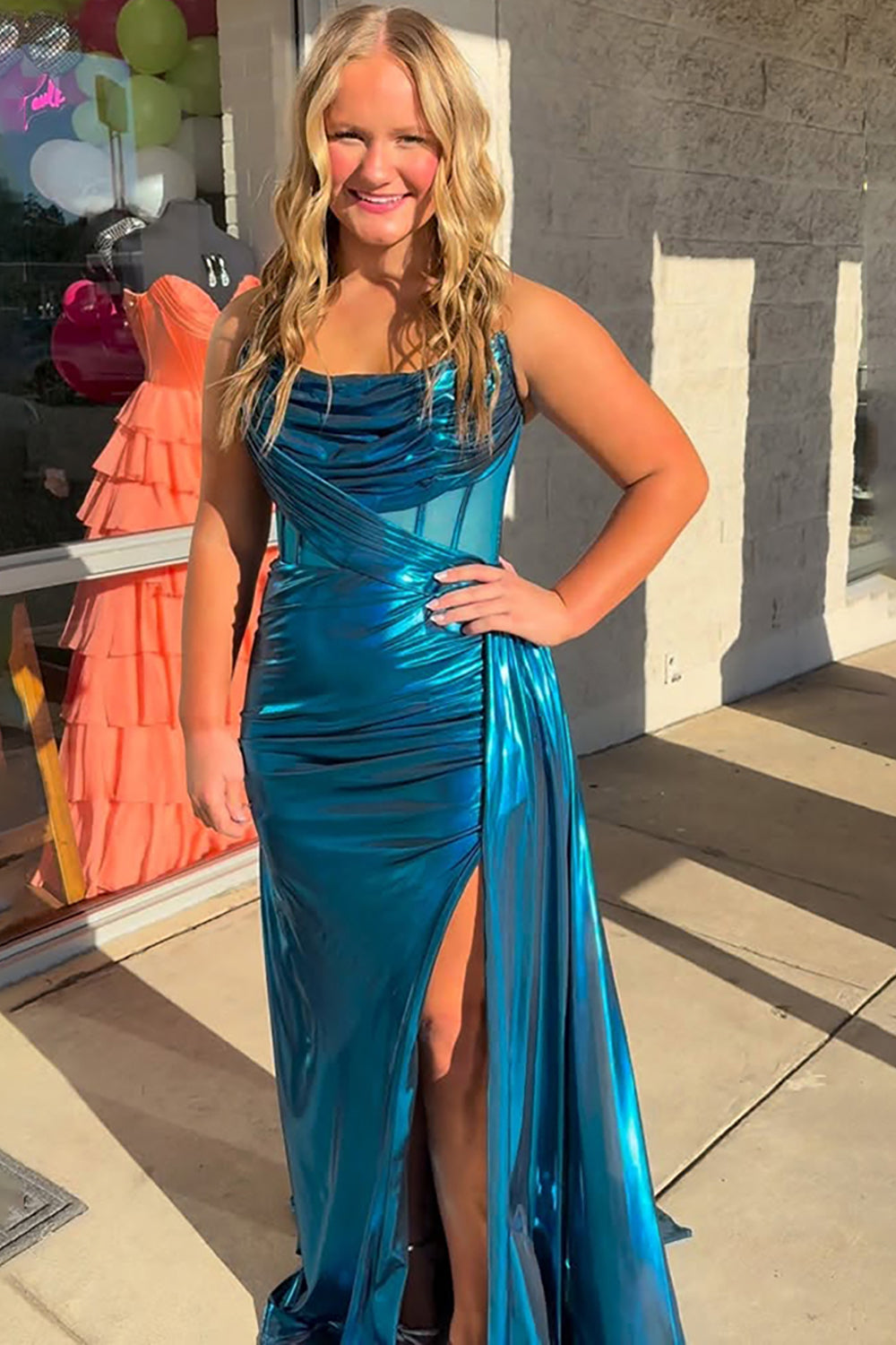 Peacock Blue Metallic Mermaid Long Corset Prom Dress with Side Cape