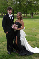 Load image into Gallery viewer, Black and White Mermaid Strapless Long Prom Dress with Bow