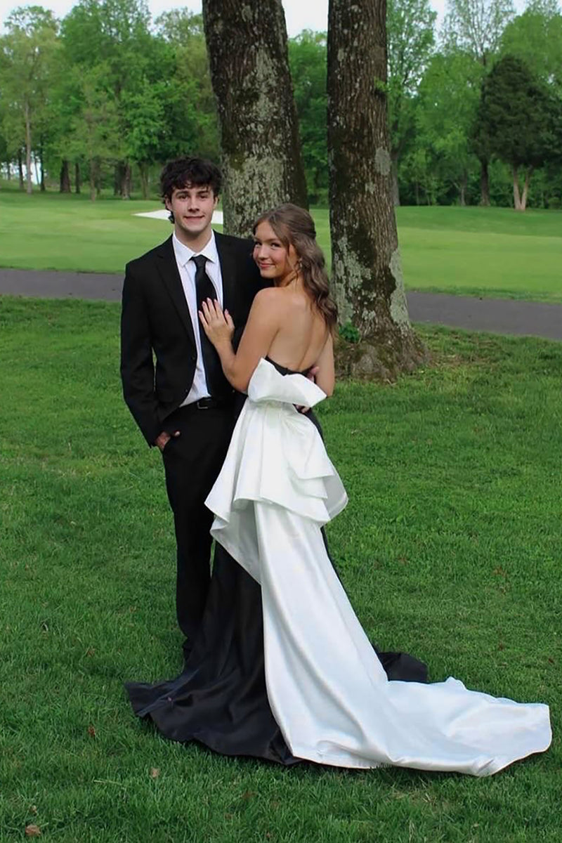 Load image into Gallery viewer, Black and White Mermaid Strapless Long Prom Dress with Bow