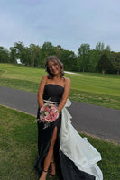 Load image into Gallery viewer, Black and White Mermaid Strapless Long Prom Dress with Bow