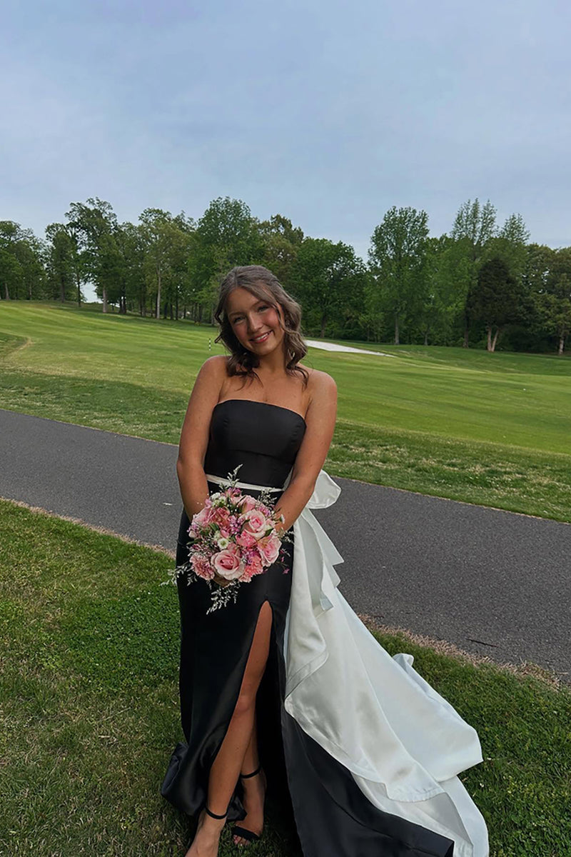 Load image into Gallery viewer, Black and White Mermaid Strapless Long Prom Dress with Bow