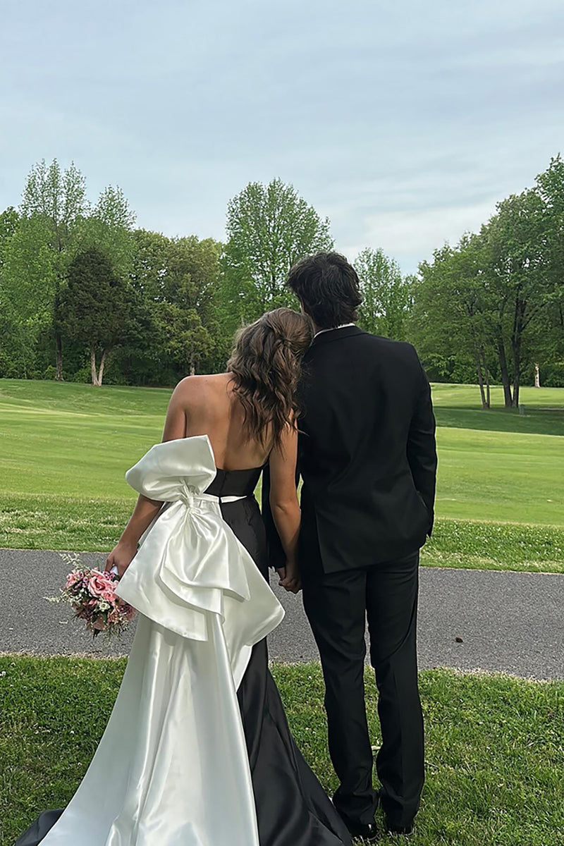 Load image into Gallery viewer, Black and White Mermaid Strapless Long Prom Dress with Bow