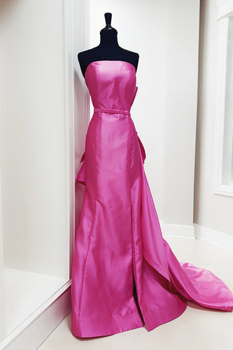 Fuchsia Satin Strapless Mermaid Long Prom Dress with Side Cape