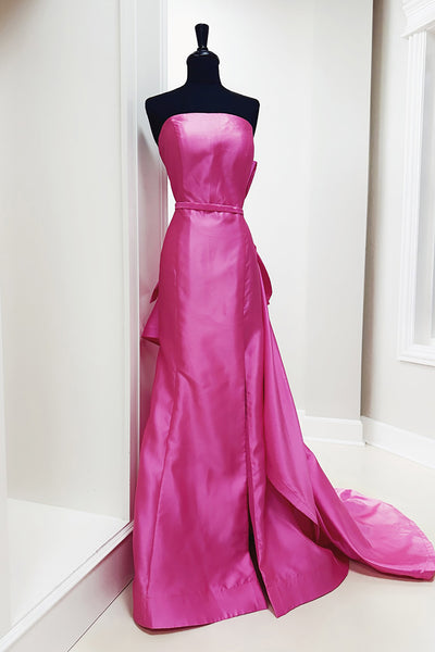 Fuchsia Satin Strapless Mermaid Long Prom Dress with Side Cape