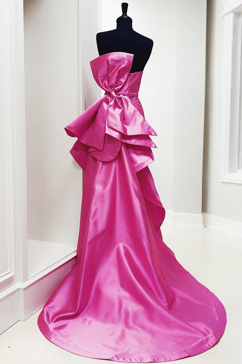 Load image into Gallery viewer, Fuchsia Satin Strapless Mermaid Long Prom Dress with Side Cape