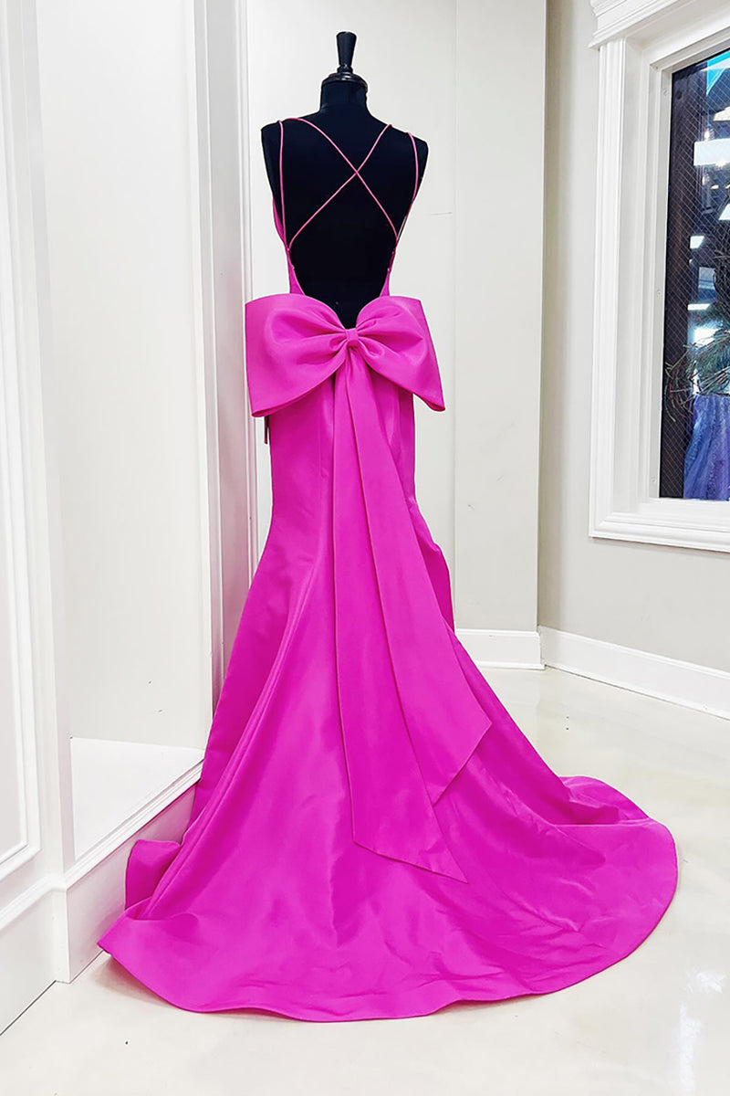 Load image into Gallery viewer, Fuchsia Mermaid Spaghetti Straps Long Prom Dress with Bow