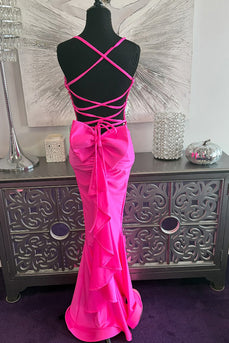 Fuchsia Spaghetti Straps Mermaid Long Prom Dress with Bow