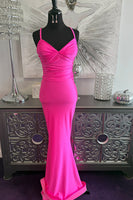 Load image into Gallery viewer, Fuchsia Spaghetti Straps Mermaid Long Prom Dress with Bow