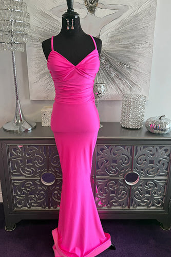 Fuchsia Spaghetti Straps Mermaid Long Prom Dress with Bow