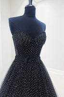 Load image into Gallery viewer, Black Polka Dots Sweetheart A Line Long Prom Dress with Ruffles