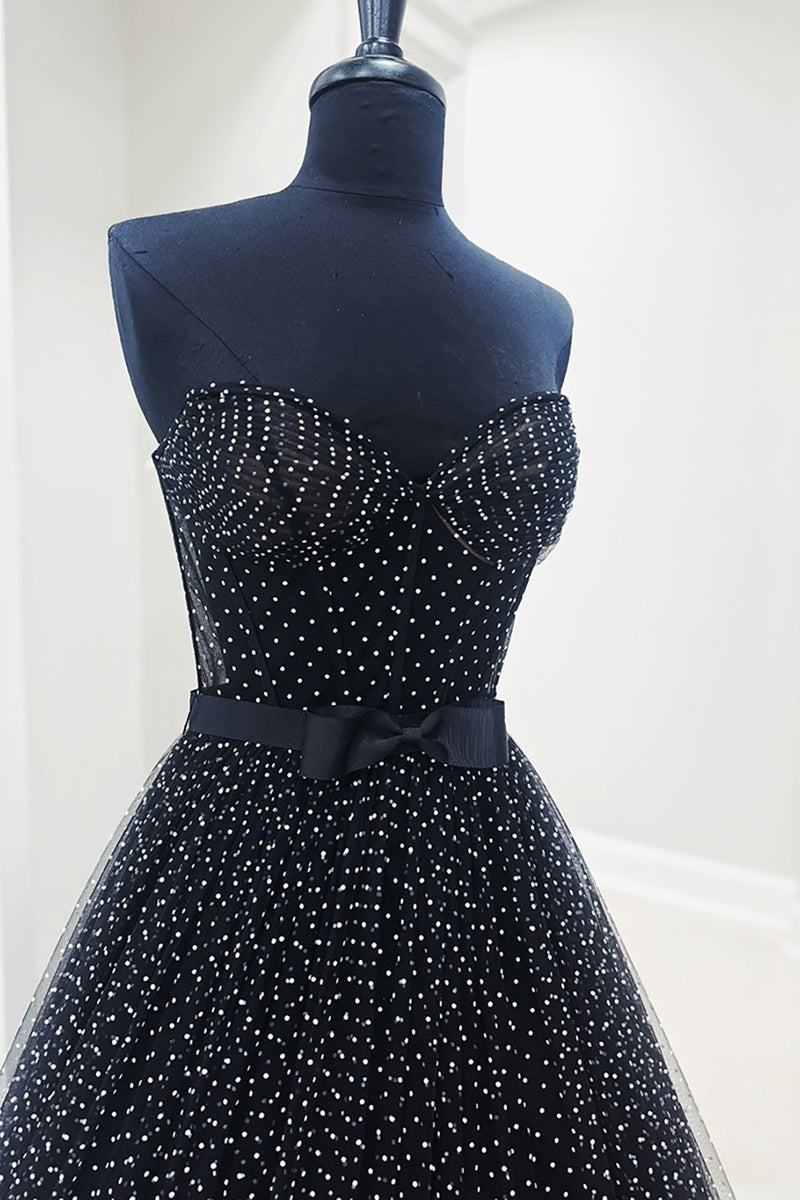 Load image into Gallery viewer, Black Polka Dots Sweetheart A Line Long Prom Dress with Ruffles