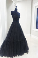 Load image into Gallery viewer, Black Polka Dots Sweetheart A Line Long Prom Dress with Ruffles