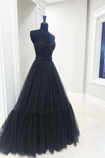 Black Polka Dots Sweetheart A Line Long Prom Dress with Ruffles