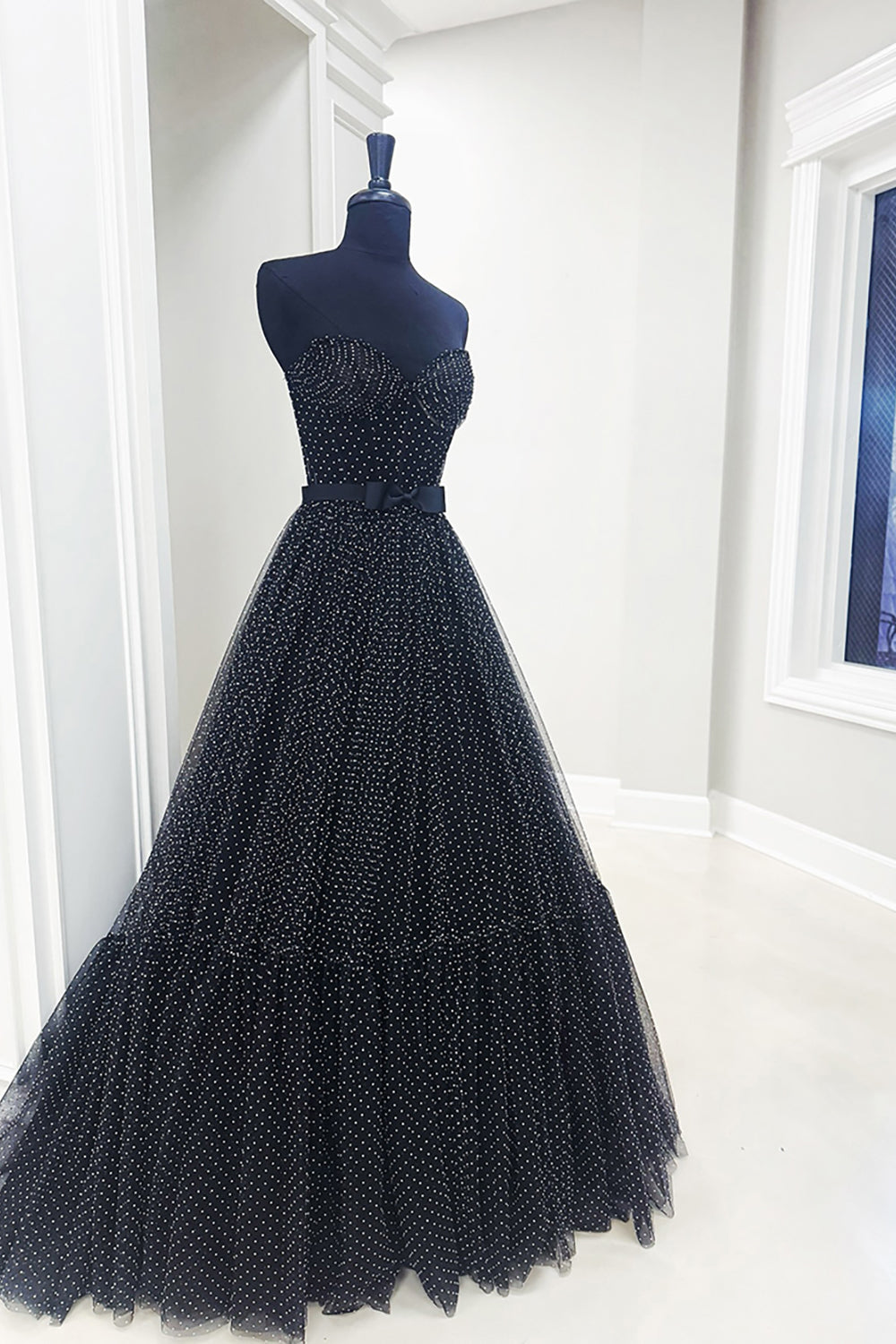 Black Polka Dots Sweetheart A Line Long Prom Dress with Ruffles