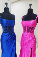 Load image into Gallery viewer, Fuchsia Mermaid Satin Long Corset Prom Dress with Slit