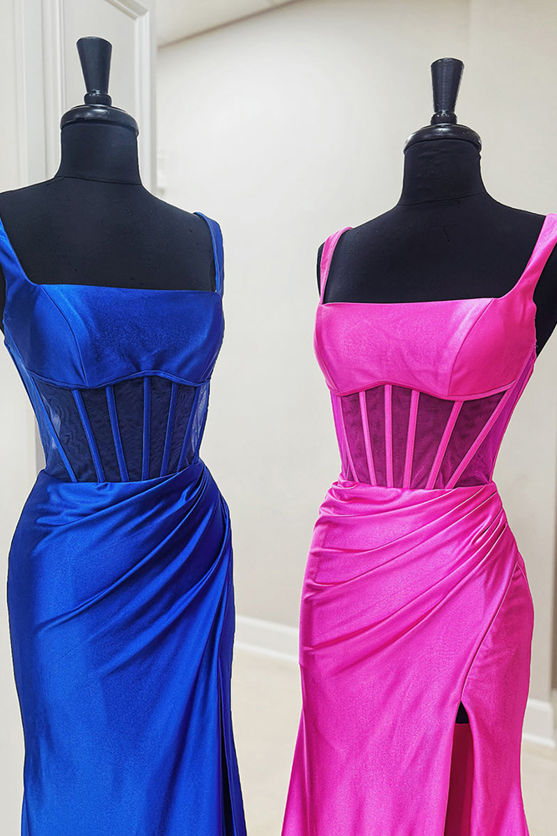 Load image into Gallery viewer, Fuchsia Mermaid Satin Long Corset Prom Dress with Slit