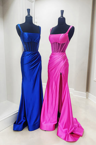 Fuchsia Mermaid Satin Long Corset Prom Dress with Slit