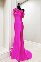 Load image into Gallery viewer, Floral Fuchsia One Shoulder Satin Mermaid Long Prom Dress with Slit