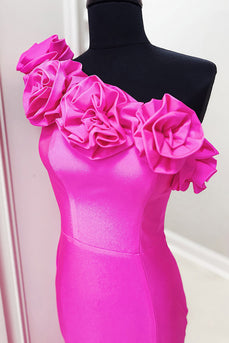 Floral Fuchsia One Shoulder Satin Mermaid Long Prom Dress with Slit
