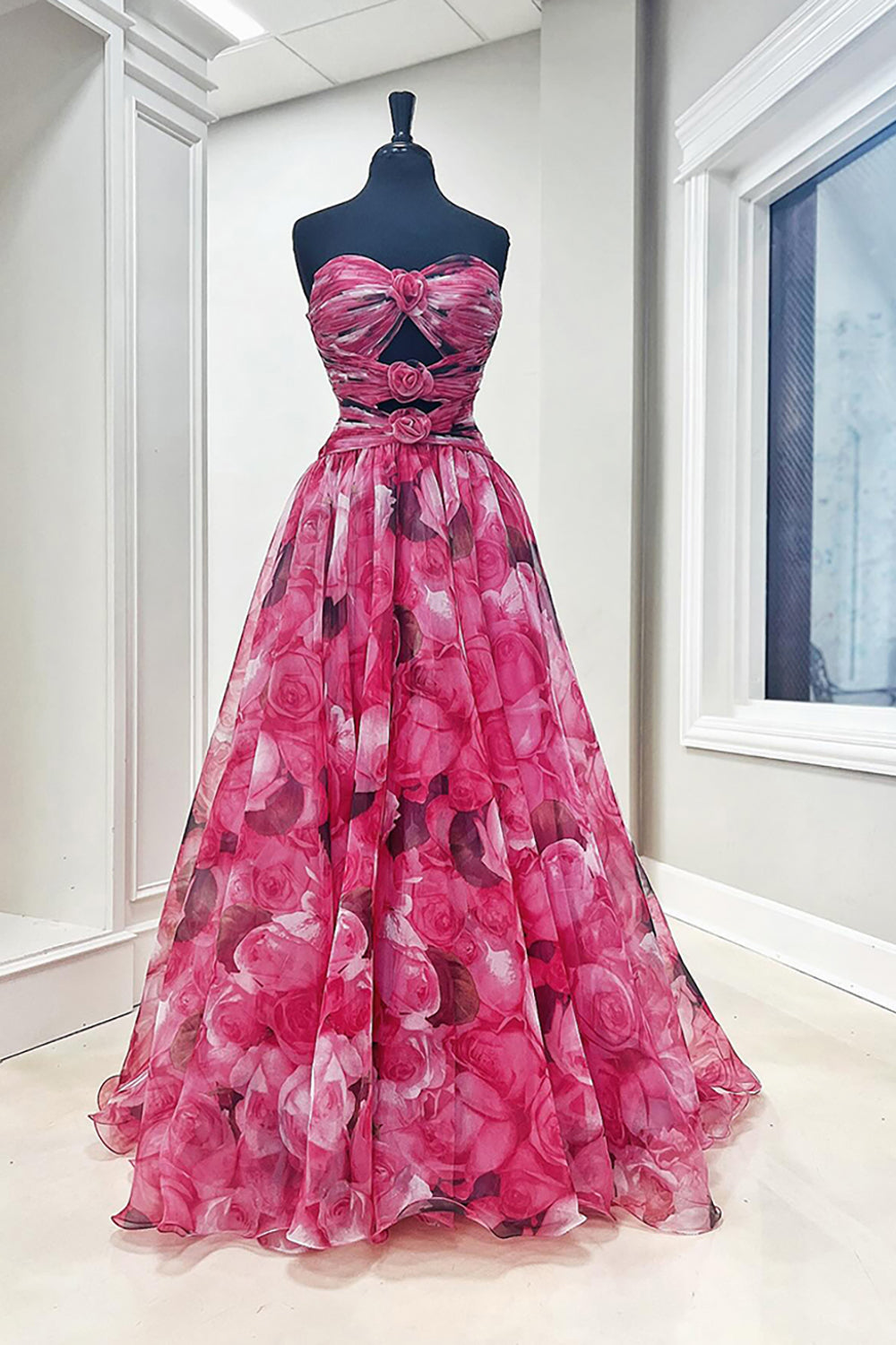 Red Flower Strapless Cut Out Ruched Long A-Line Prom Dress
