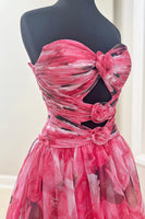 Load image into Gallery viewer, Red Flower Strapless Cut Out Ruched Long A-Line Prom Dress