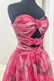Red Flower Strapless Cut Out Ruched Long A-Line Prom Dress