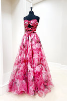 Load image into Gallery viewer, Red Flower Strapless Cut Out Ruched Long A-Line Prom Dress