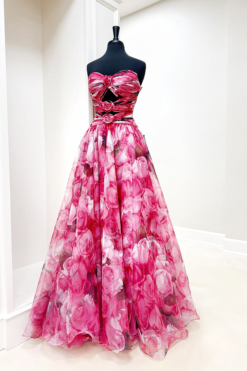 Load image into Gallery viewer, Red Flower Strapless Cut Out Ruched Long A-Line Prom Dress