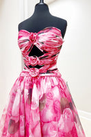 Load image into Gallery viewer, Red Flower Strapless Cut Out Ruched Long A-Line Prom Dress