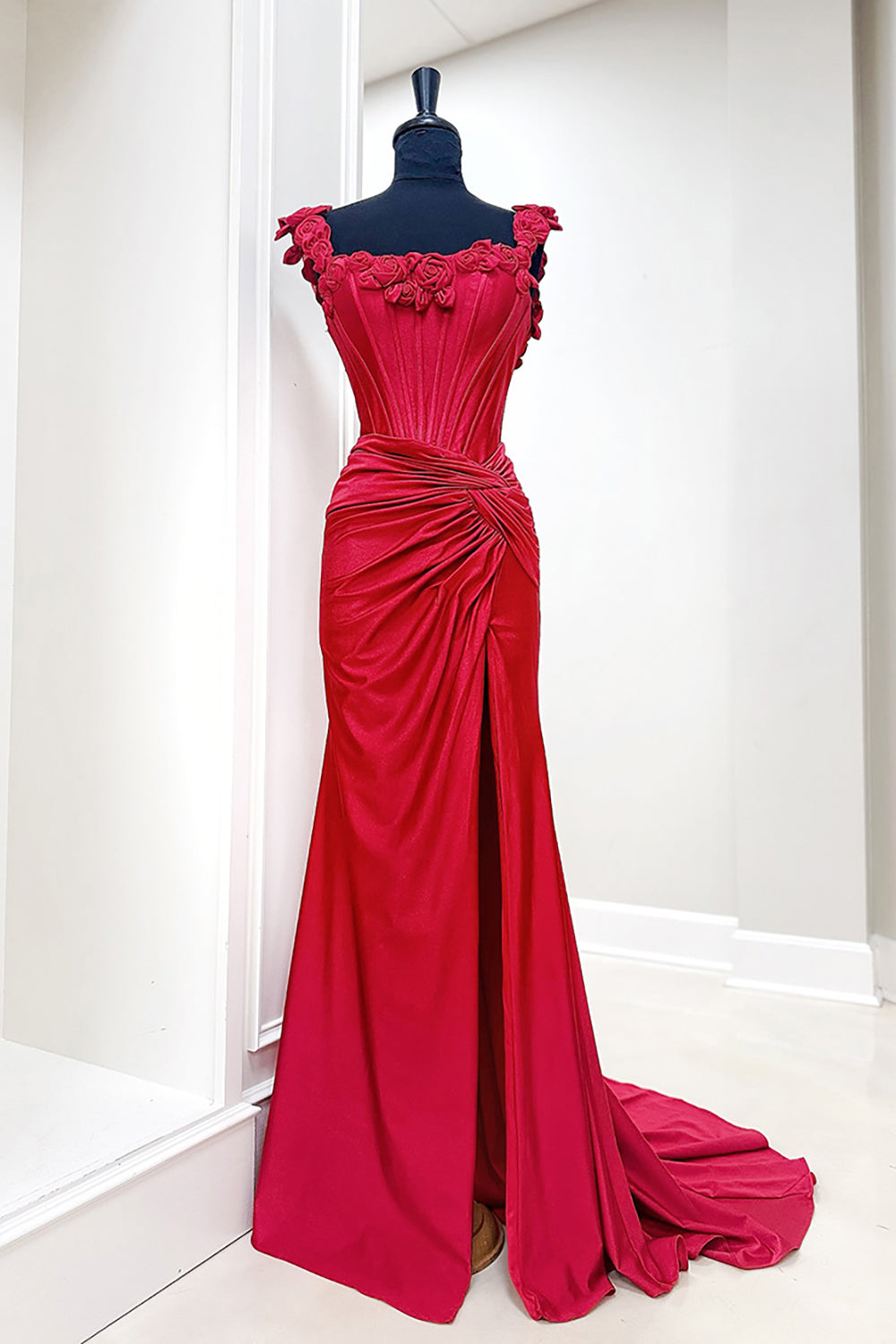 Red Floral Square Neck Mermaid Long Corset Prom Dress with Slit