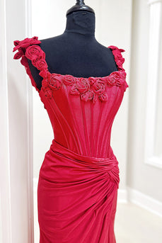 Red Floral Square Neck Mermaid Long Corset Prom Dress with Slit