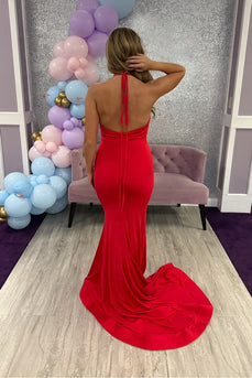 Red Halter Satin Mermaid Backless Long Prom Dress