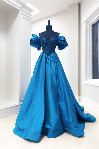 Sparkly Royal Blue Cold Shoulder Satin A-Line Long Prom Dress with Beading