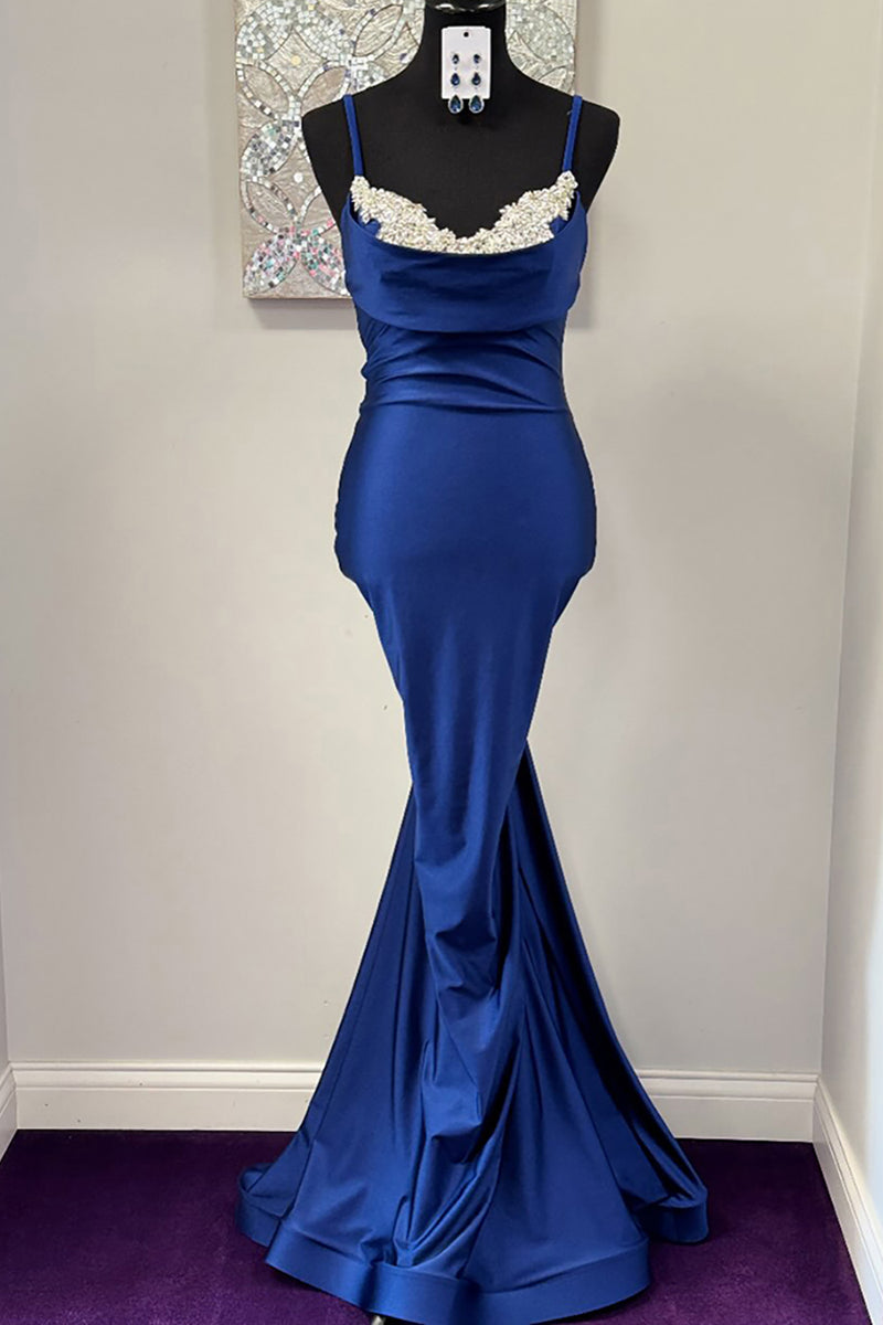 Load image into Gallery viewer, Sparkly Royal Blue Mermaid Satin Long Prom Dress with Beading