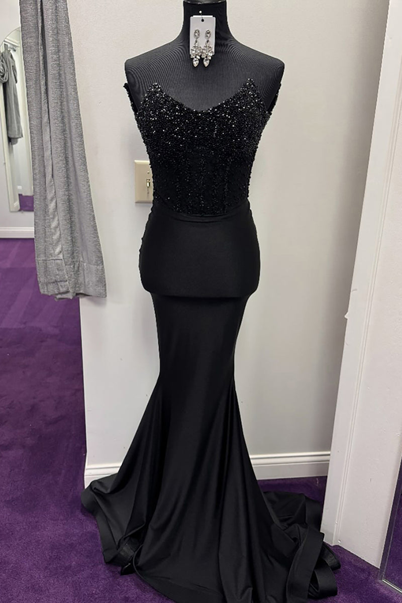 Load image into Gallery viewer, Sparkly Black Strapless Mermaid Long Corset Prom Dress with Beading