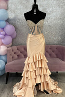 Load image into Gallery viewer, Sparkly Champagne Mermaid Sweetheart Long Corset Prom Dress with Ruffles