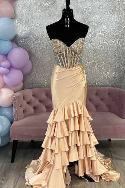 Sparkly Champagne Mermaid Sweetheart Long Corset Prom Dress with Ruffles
