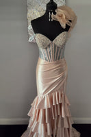 Load image into Gallery viewer, Sparkly Champagne Mermaid Sweetheart Long Corset Prom Dress with Ruffles