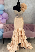 Load image into Gallery viewer, Sparkly Champagne Mermaid Sweetheart Long Corset Prom Dress with Ruffles