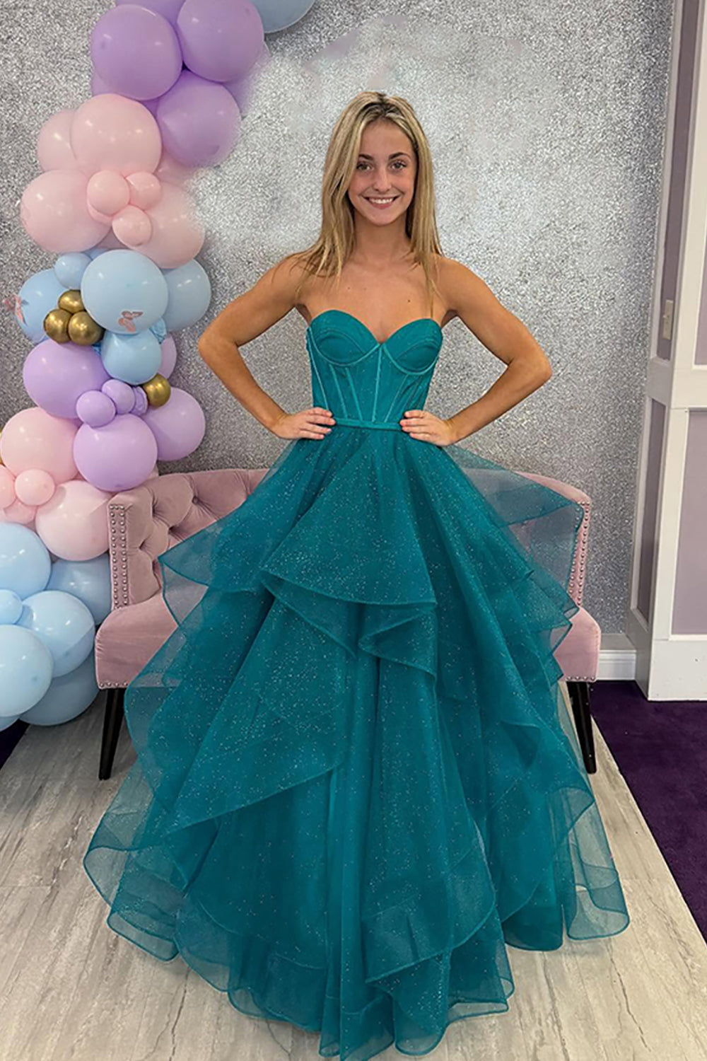 Sparkly Peacock Green Princess Corset Sweetheart Tiered Long Prom Dress with Ruffles