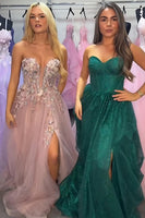 Load image into Gallery viewer, Sparkly Peacock Green Princess Corset Sweetheart Tiered Long Prom Dress with Ruffles