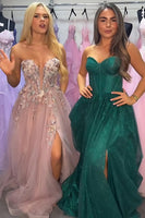 Load image into Gallery viewer, Sparkly Peacock Green Princess Corset Sweetheart Tiered Long Prom Dress with Ruffles