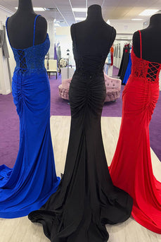 Sparkly Red Satin Beaded Mermaid Lace Long Prom Dress with Slit