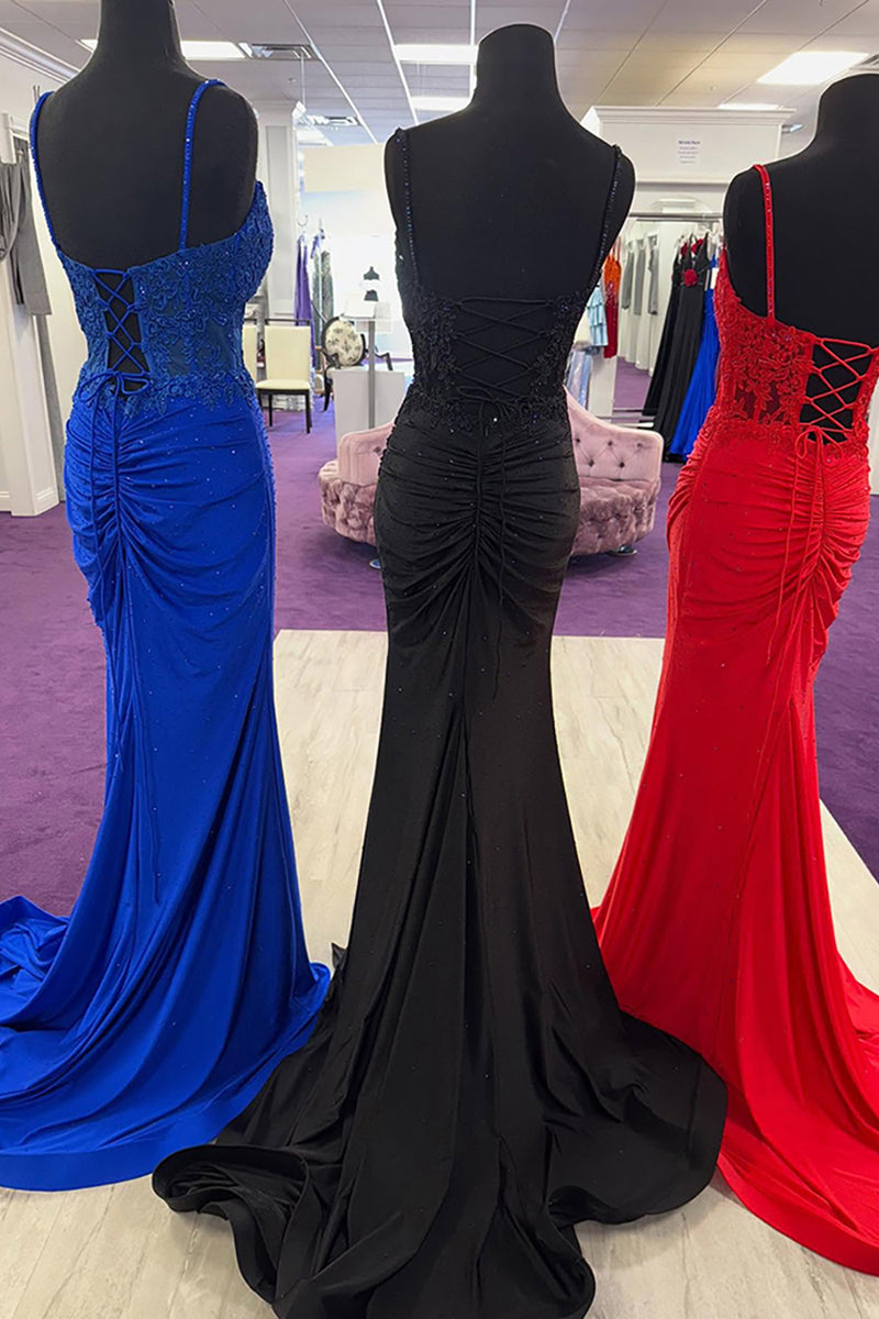 Load image into Gallery viewer, Sparkly Red Satin Beaded Mermaid Lace Long Prom Dress with Slit