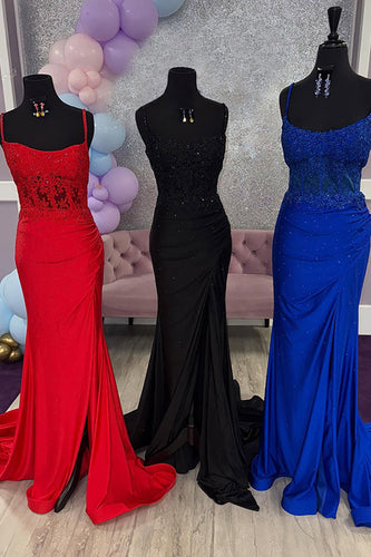 Sparkly Red Satin Beaded Mermaid Lace Long Prom Dress with Slit