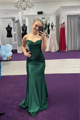 Sparkly Dark Green Sweetheart Satin Corset Mermaid Long Prom Dress